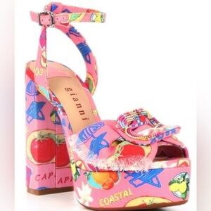 GIANNI BINI Pink Tobias Linen Mismatched Buckle Platform Sandals Heels Sz 8 NEW